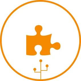 A orange puzzle piece in the middle of a circle.