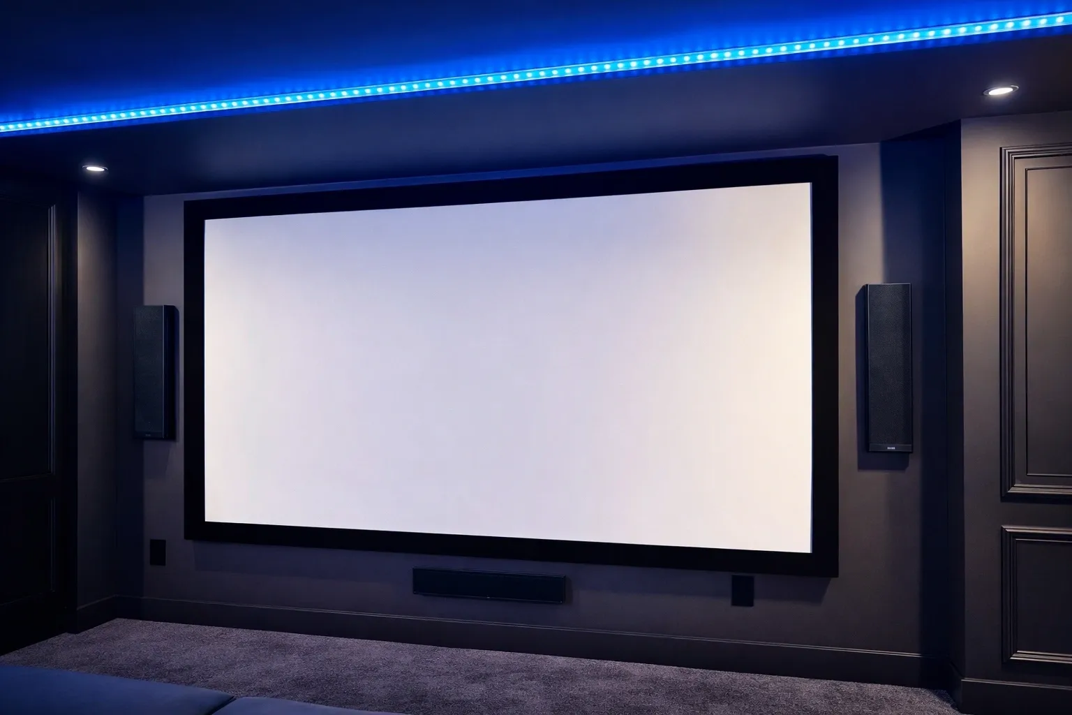 Home theater with large screen and lighting.